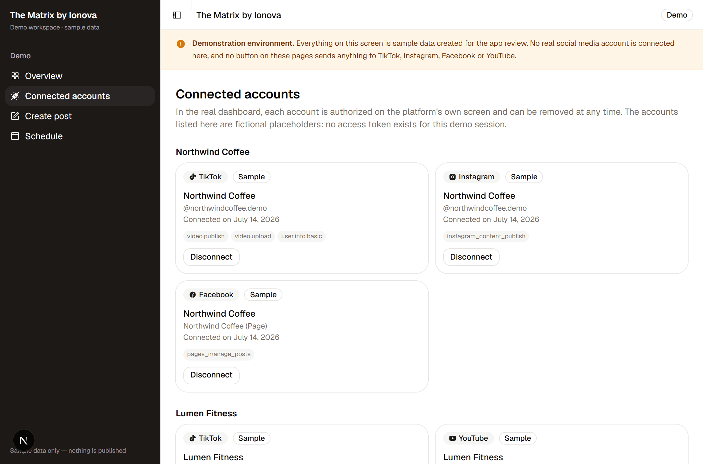 Connected accounts in the demonstration workspace. The accounts are fictional placeholders.